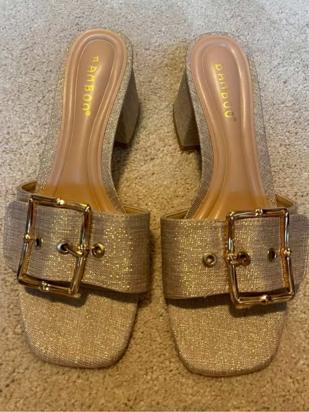 Bamboo Marsha Rose Gold gold buckle block heels in size 7